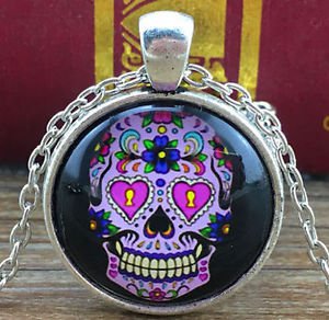 WOMEN'S Vintage Skull Cabochon Tibetan silver Glass Chain Pendant Necklace - N