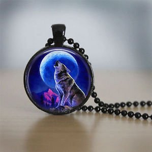 Wolf WOMEN'S Charm Glass Dome Cabochon Black Ball Chain Necklace Pendant-P