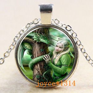WOMEN'S Vintage dragon Cabochon Tibetan silver Glass Chain Pendant Necklace-J