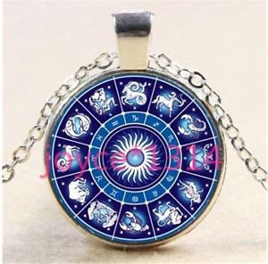 WOMEN'S Zodiac Compass Cabochon Tibetan silver Glass Chain Pendant Necklace-J