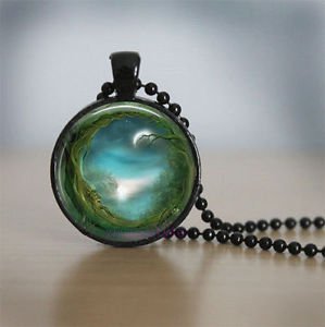 Moon Charm Glass Dome Cabochon Black Ball Chain Necklace Pendant-E