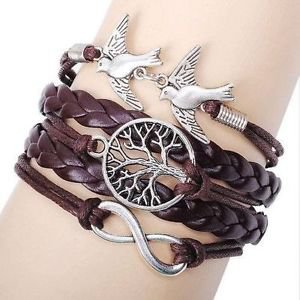 WOMEN'S INFINITY BRACELET DOVES TREE OF LIFE MULTI LAYERED BRAIDED LEATHER-S