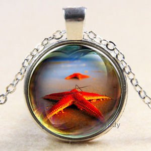 Vintage red Starfish Cabochon Tibetan silver Glass Chain Pendant Necklace-J