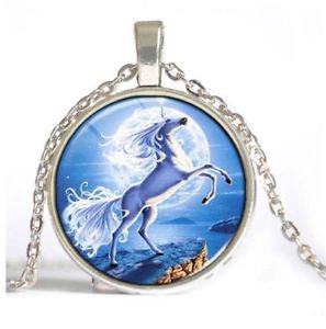 White Unicorns Cabochon Tibetan silver Glass Chain Pendant Necklace-E