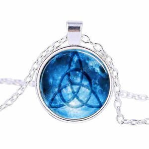 Vintage Blue Geometry Cabochon Tibetan Silver Glass Chain Pendant Necklace - P
