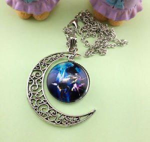 Stylish Women Constellation Crescent Moon Glass Cabochon Pendant Necklace - R