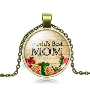 WORLD'S Best MOM Cabochon Photo Bronze Glass Chain Pendant Necklace-Q