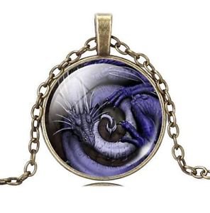 WOMEN Vintage dragon Cabochon Tibetan Bronze Glass Chain Pendant Necklace NEW-Z