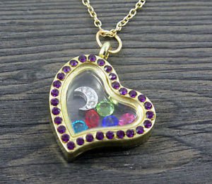 SILVER MOON Living Memory Floating Charm Purple-crystal Locket Necklace GIFT -G