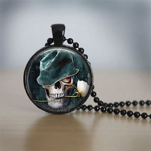 FASHION Skull Rose Charm Glass Dome Cabochon Black Ball Chain Necklace Pendant-O