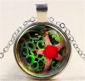 Vintage Red starfish Cabochon Tibetan silver Glass Chain Pendant Necklace GIFT-J