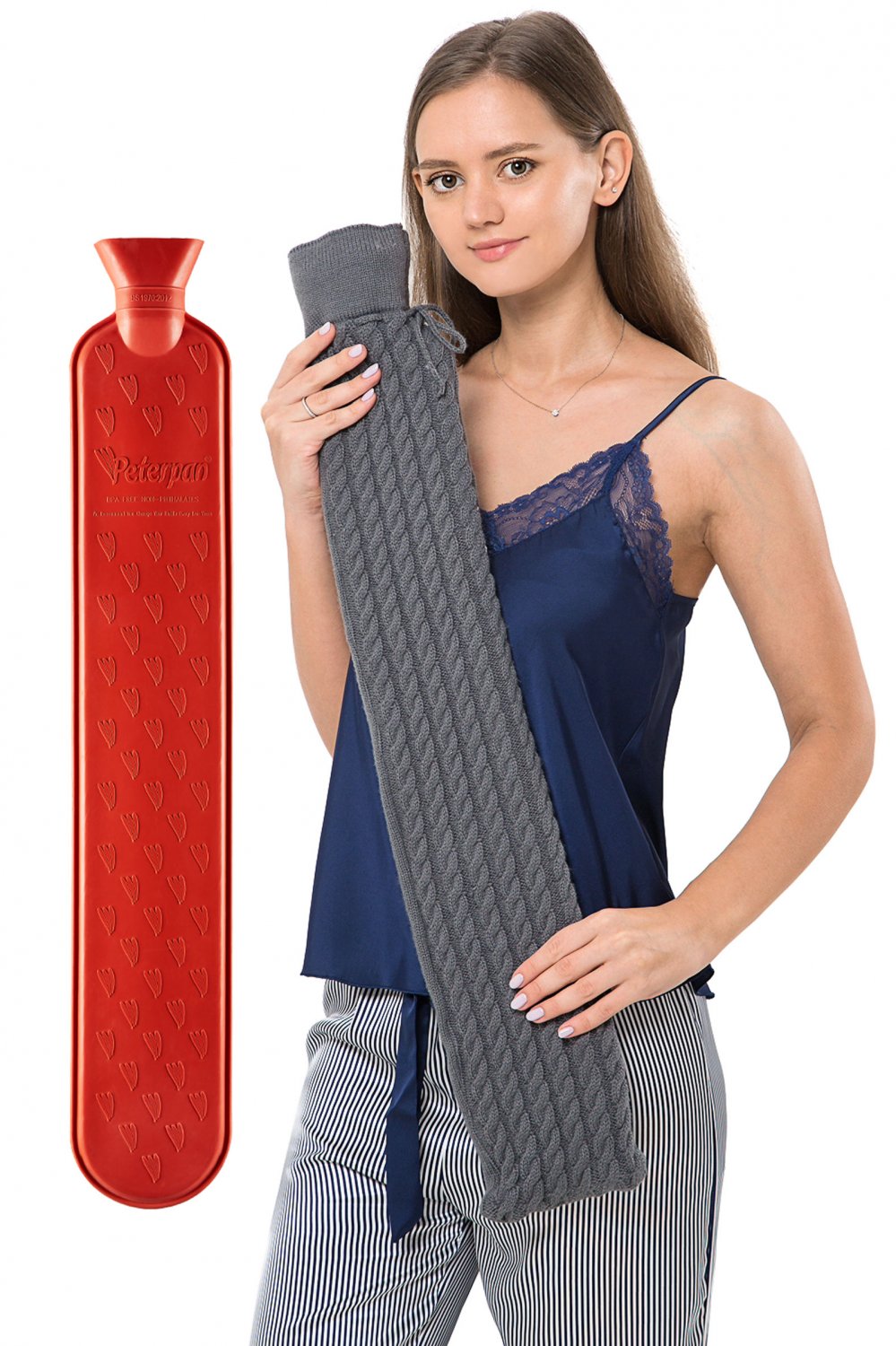 PeterPan Gray Classic Cable Knit Cover, Long hot Water Bottle Rubber