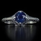 1920S VINTAGE NOUVEAU ROUND 1 CARAT BLUE SAPPHIRE FILIGREE FINE RING SOLITAIRE
