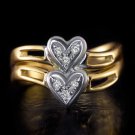 VINTAGE IDEAL CUT NATURAL DIAMOND TWIN 2 HEART COCKTAIL RING PLATINUM 18K GOLD