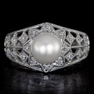 ROUND CUT DIAMOND HALO COCKTAIL VINTAGE RING PEARL SOLITAIRE FILIGREE WHITE GOLD