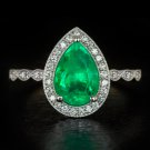 2.4ct COLOMBIAN EMERALD MUZO PEAR SHAPE VINTAGE DIAMOND HALO ENGAGEMENT RING 3ct