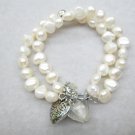 freshwer irregular pearl double strand bracelet with double heart vintage charm,00030SL