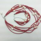 freshwater 8-9mm rice pearl necklace and bracelet set with  red leather cord,00040XM