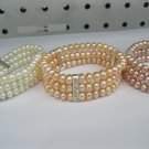 freshwater button pearl  Stretch bracelet three row with crystal bar,00237SB