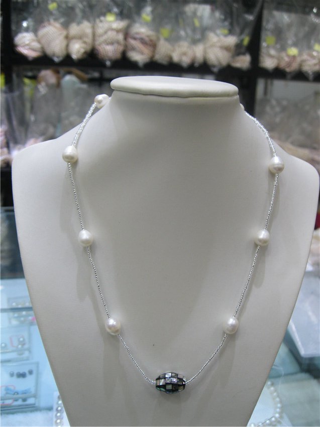 delicate oval abalone shell  bead and oval real pearl bead station necklace,00443XM