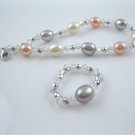 multicolor freshwater pearl and crystal bracelet and ring set ,00468TM