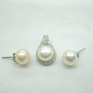 freshwater button pearl pendant and earring set with cz diamand,00094TB