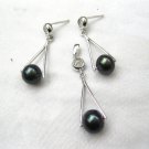 dyed black freshwater pearl earring and pendant 925 silver set in triangle design,00127TY