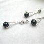 dyed black freshwater pearl earring and pendant 925 silver set in triangle design,00127TY