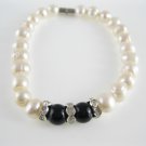 freshwater circle pearl and black agate bead bracelet with rhinestone spacer,00534SC
