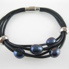 5 black pearls& 2 beads  leather bracelet with steel magnetic clasp,00558SM
