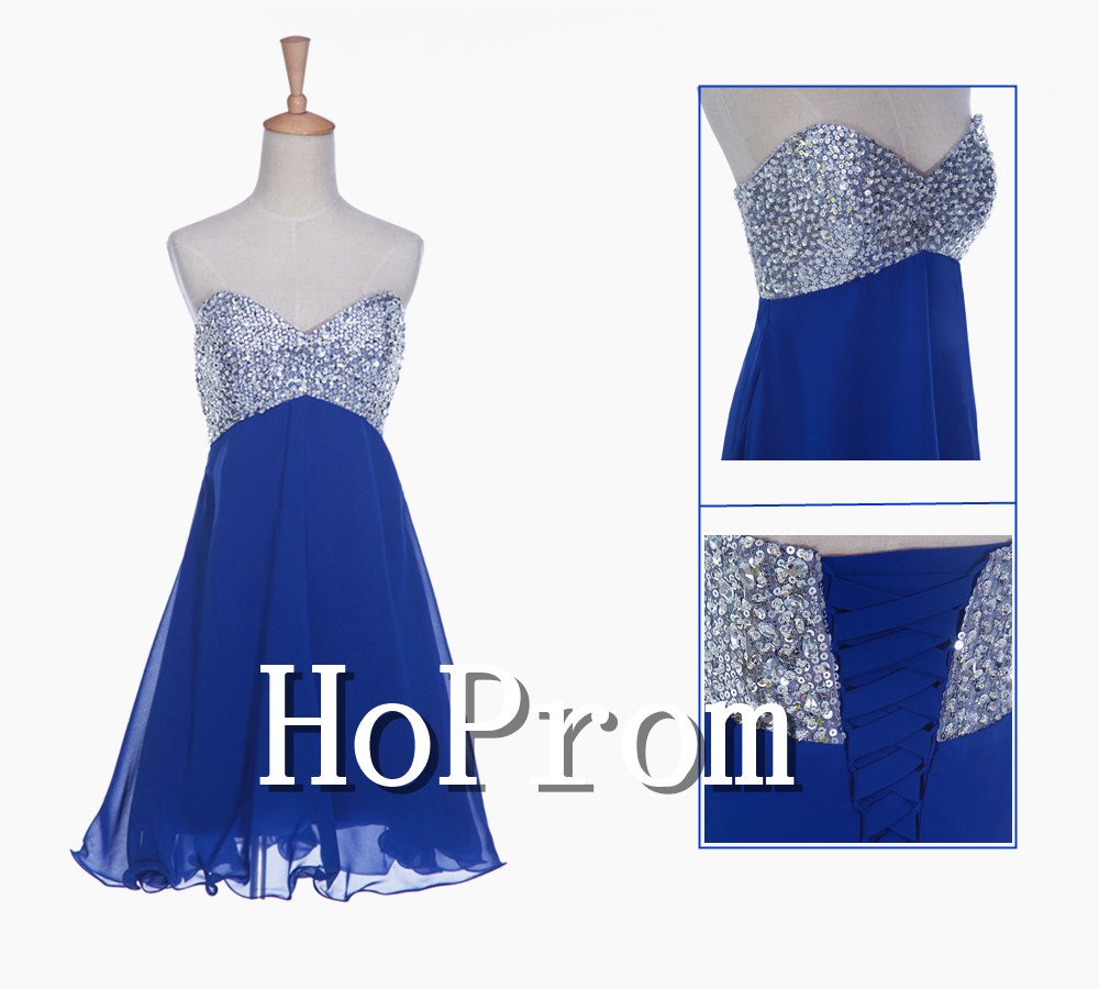 A-Line Beaded Prom Dress,Blue Short Prom Dresses