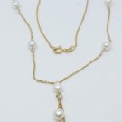 14k Yellow Gold Pearl Beaded Drop Lariat Necklace 18 inch