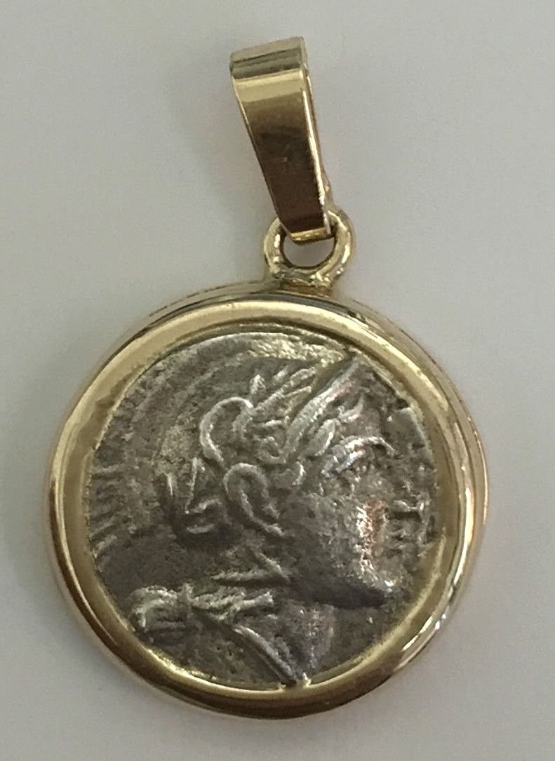 RARE Extra Fine 965 Silver Antique Roman Coin Pendant in 14k Yellow Gold Frame