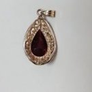 14k Solid Yellow Gold Filigree Garnet Teardrop Pendant Charm