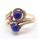 Vintage 12k Yellow Gold Fine Filigree Lapis Lazuli and Ruby Cocktail Ring Size 8