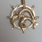 14k Yellow Gold Ships Wheel Pendant with Three Dolphins 27mm