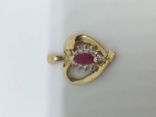14k Yellow Gold Diamond Ruby Heart Pendant 18 mm Tall