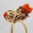 Vintage 14k Yellow Gold White and Pink Coral Flower Cocktail Ring Size 6.5