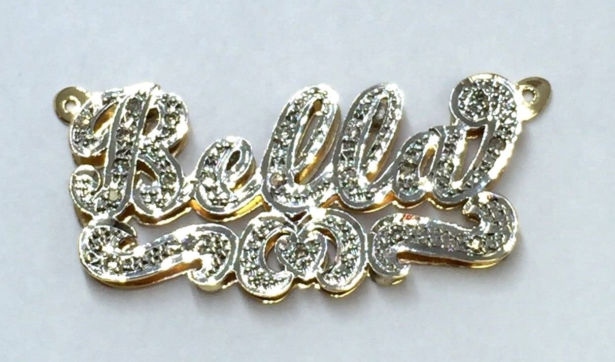 12k Two Tone 3D Bella Name Plate Pendant with .3 Carat Diamonds TCW