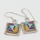Vintage 925 Sterling Silver Art Deco Mosaic Dangling Drop Earrings Mexico