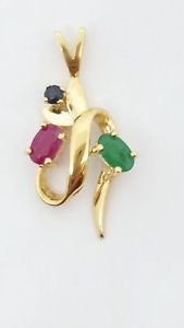 VINTAGE 14k Yellow Gold Ruby Emerald Sapphire Gemstone Pendant 0.43 TCW Mexico