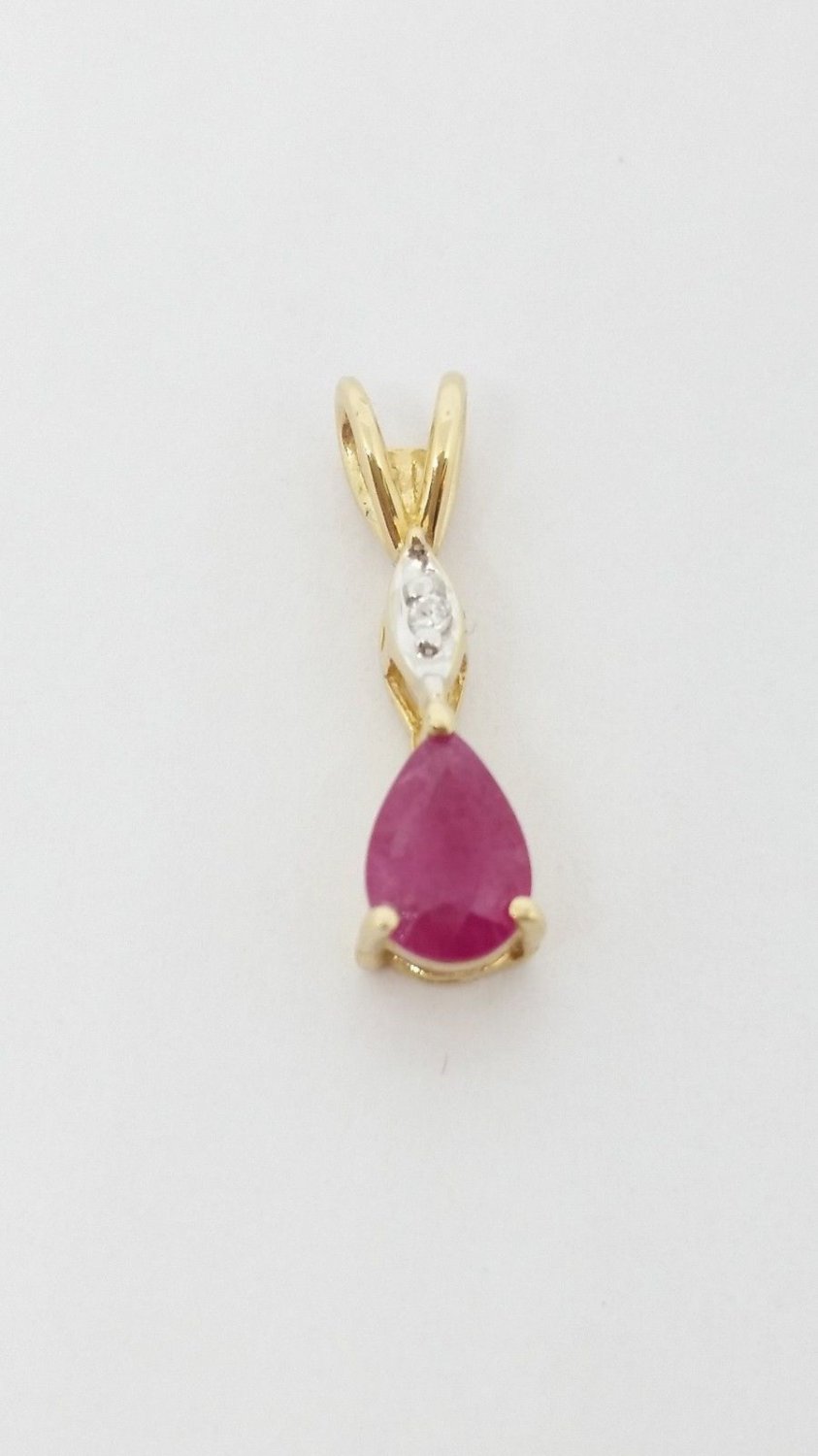 14k Yellow Gold Pear Ruby and Round Diamond Teardrop Pendant 0.27 Carat TCW