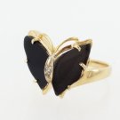 14k Yellow Gold Onyx Winged Diamond Butterfly Cocktail Ring Size 6.5