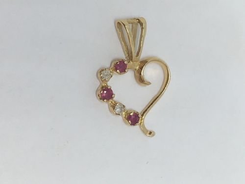 14 Yellow Gold Fine Filigree Ruby and Diamond Heart Pendant .1 Ct Gemstones TCW