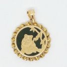 Cute 14k Yellow Gold Bear On Jade Pendant and Fine Twisted Rope Filigree Frame