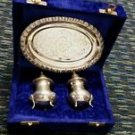 Antique Vintage Victorian Brass Silver Set Plated Salt Pepper Tray In Velvet Box
