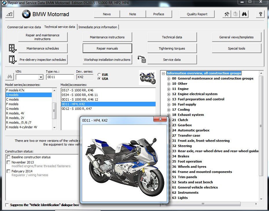 BMW HP4 Motorcycle RepROM Service Manual on a DVD -- S1000RR