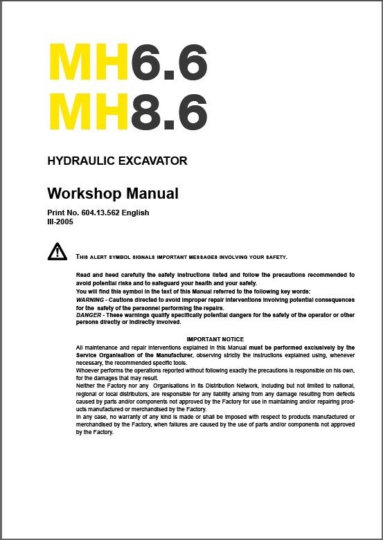 New Holland MH6.6 MH8.6 Hydraulic Excavator Service Manual on a CD - MH 6.6 8.6