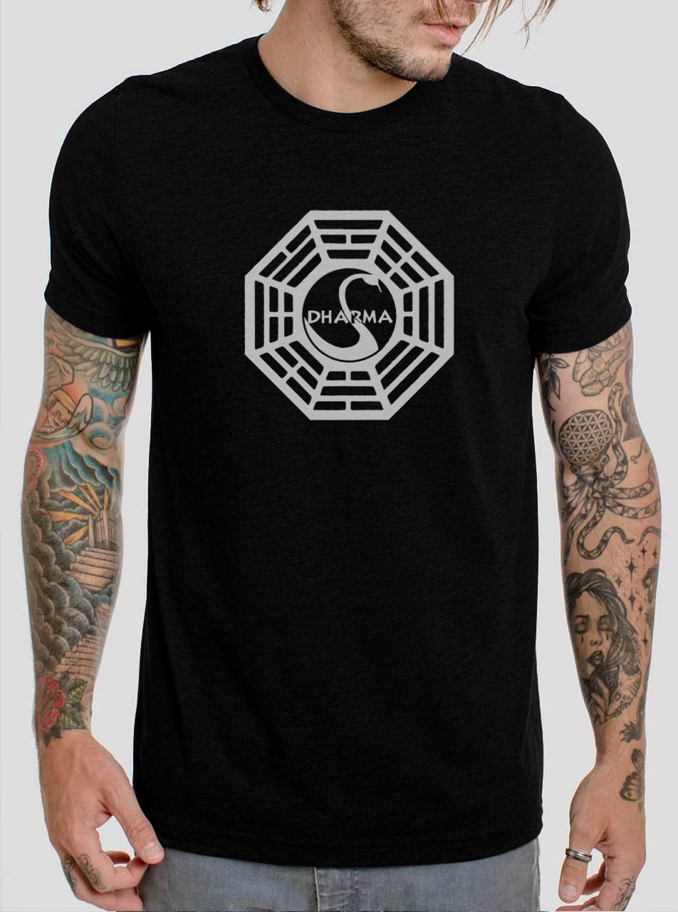 Lost Dharma Swan Logo Black T-Shirt, T-Shirts for Men