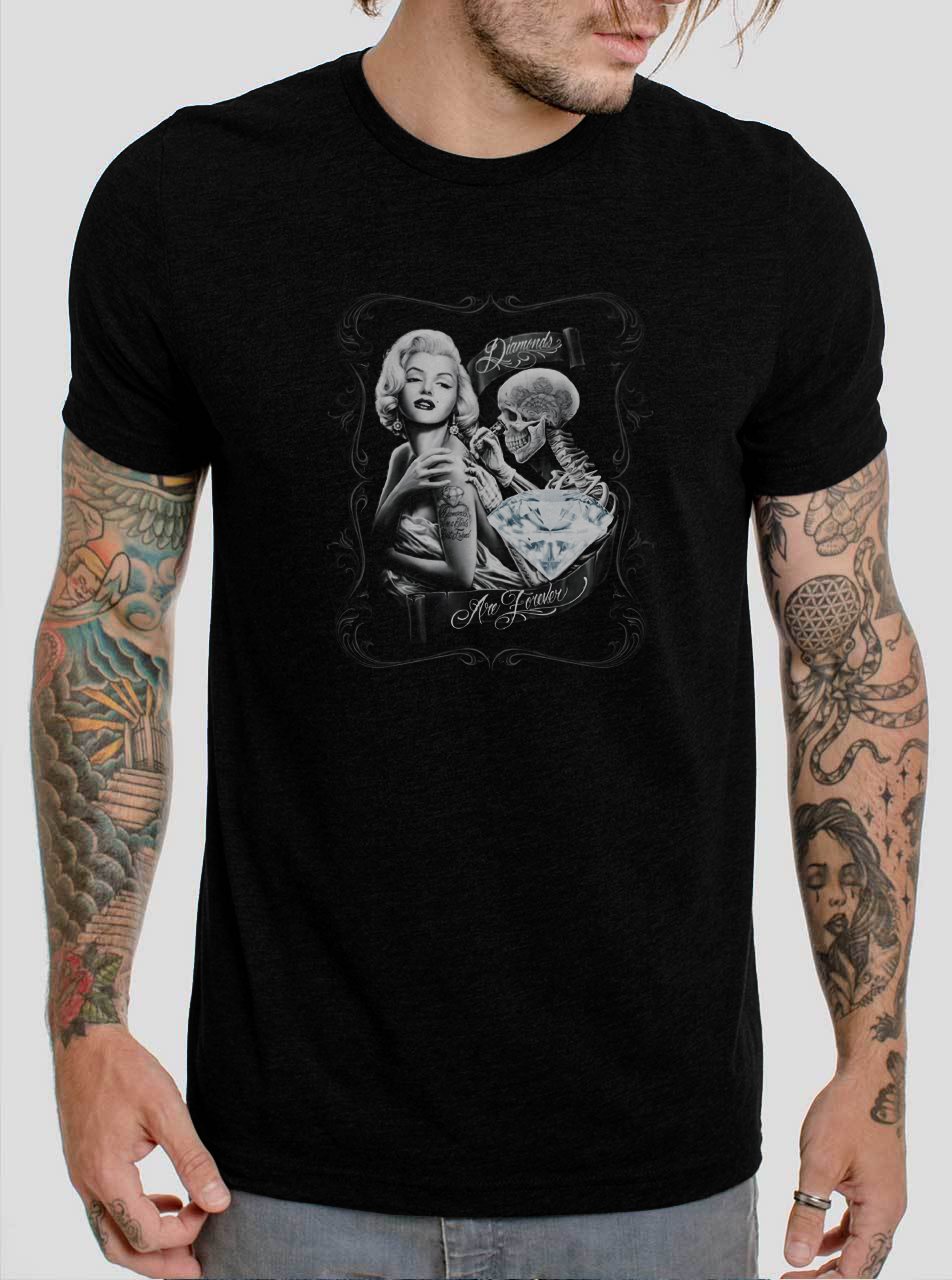 Marilyn Monroe Diamond Skull Tattoos Black T-Shirt, T-Shirts for Men